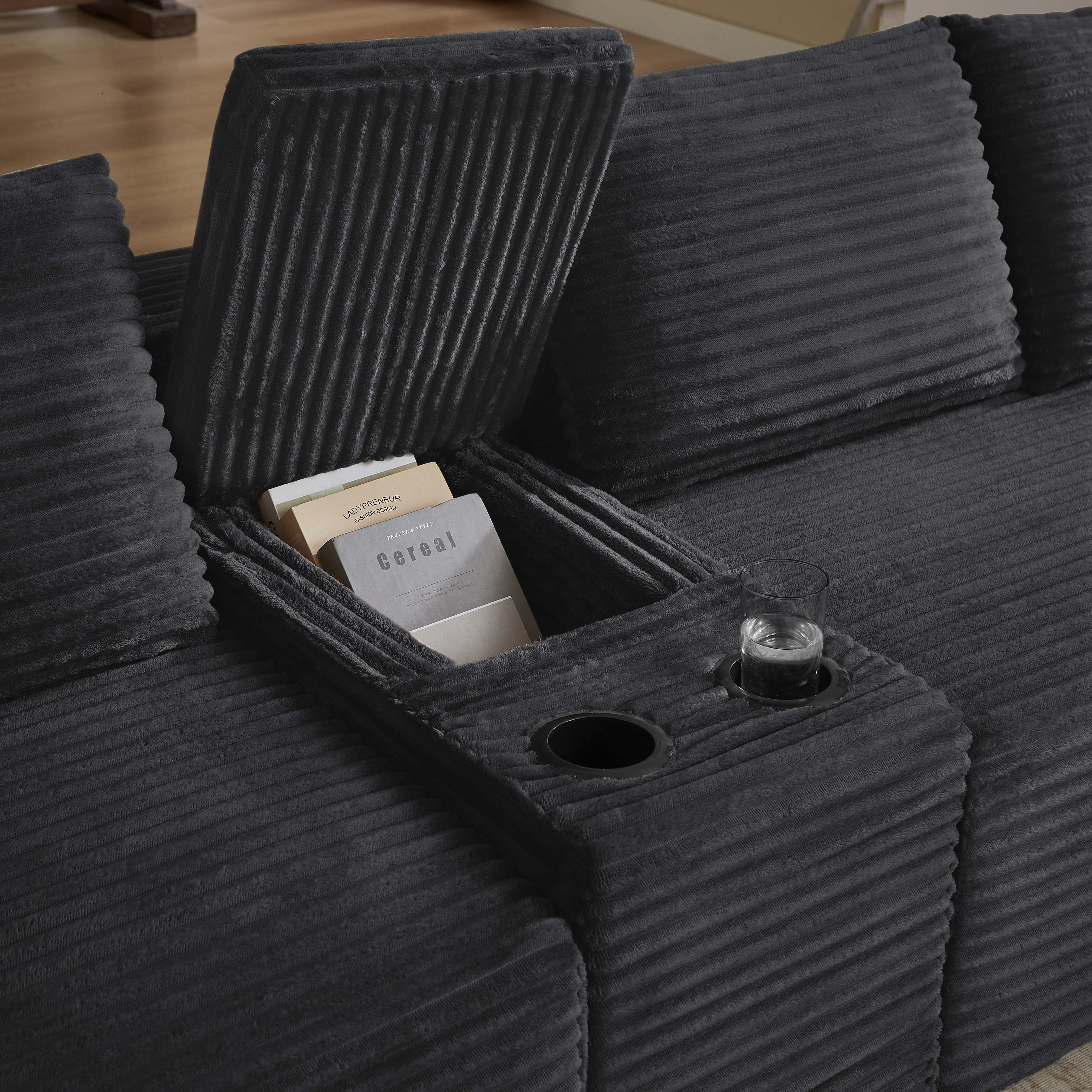 Gewnee 140"Cloud Couch Modular Sectional Sofa,Oversized Boneless Couch with Hidden Storage & Cup Holders and Side Pockets,5 Seat U Shaped Couch for Living Room.Dark Grey