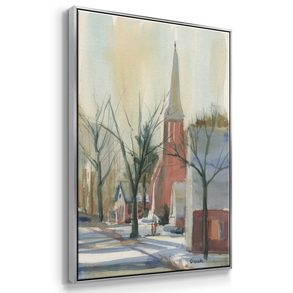 New England Main Street - Framed Gallery Wrapped Holiday Canvas - 17 x 25 - Silver Frame