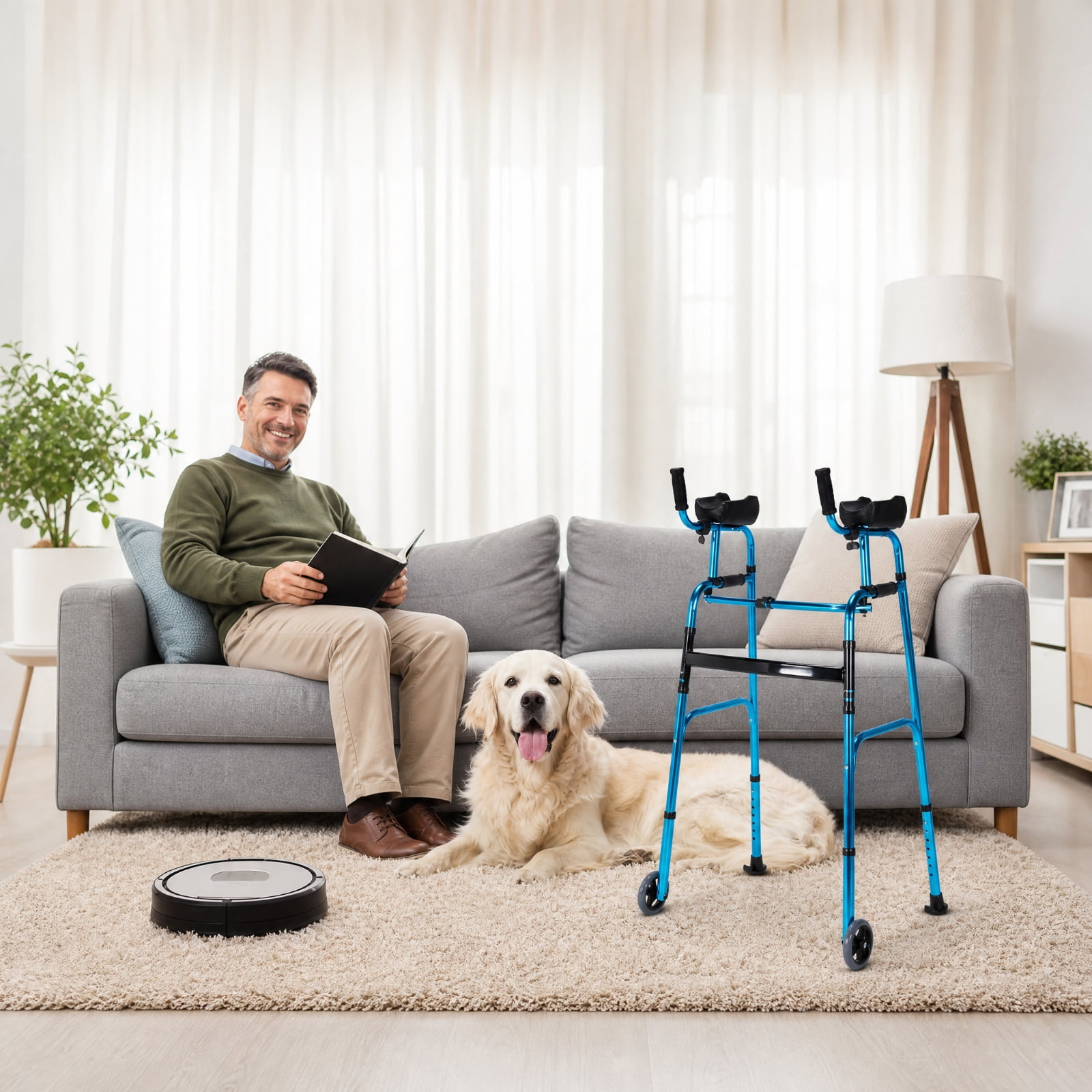 SUGIFT Folding Adjustable Walking Frame with Wheels and Armrest Support, Lightweight Aluminum Mobility Walker with Padded Forearm Rests for Seniors, Navy