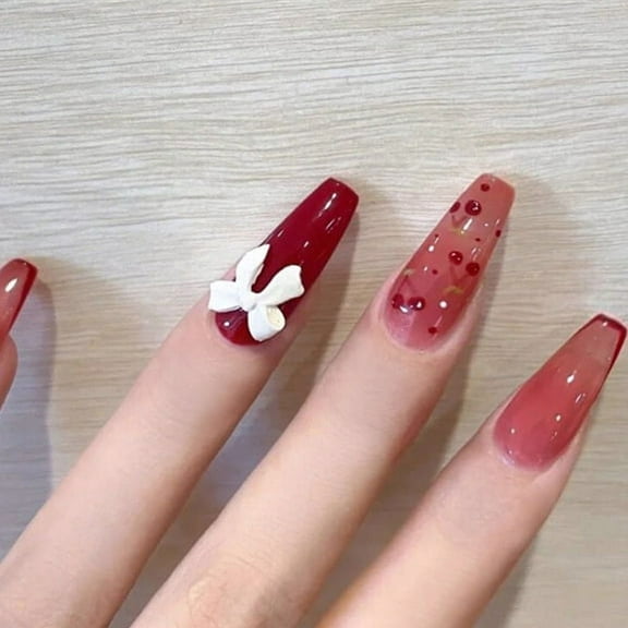 24pcs Press On False Nails Fake Nail Salon Full Cover Design for Women Girls Gift Coffin French Style Peach Red Bow Tie