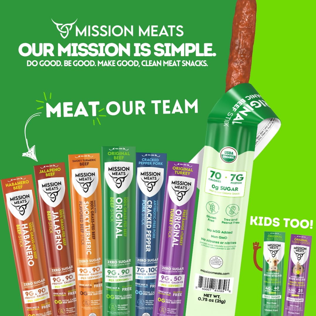 Mission Meats Variety Pack with Certified Organic Beef, Grass Fed, Free Range Turkey, and Cracked Pepper Pork – Gluten & Sugar Free, Whole 30 & Paleo Friendly, Delicious and Family Friendly (12ct)