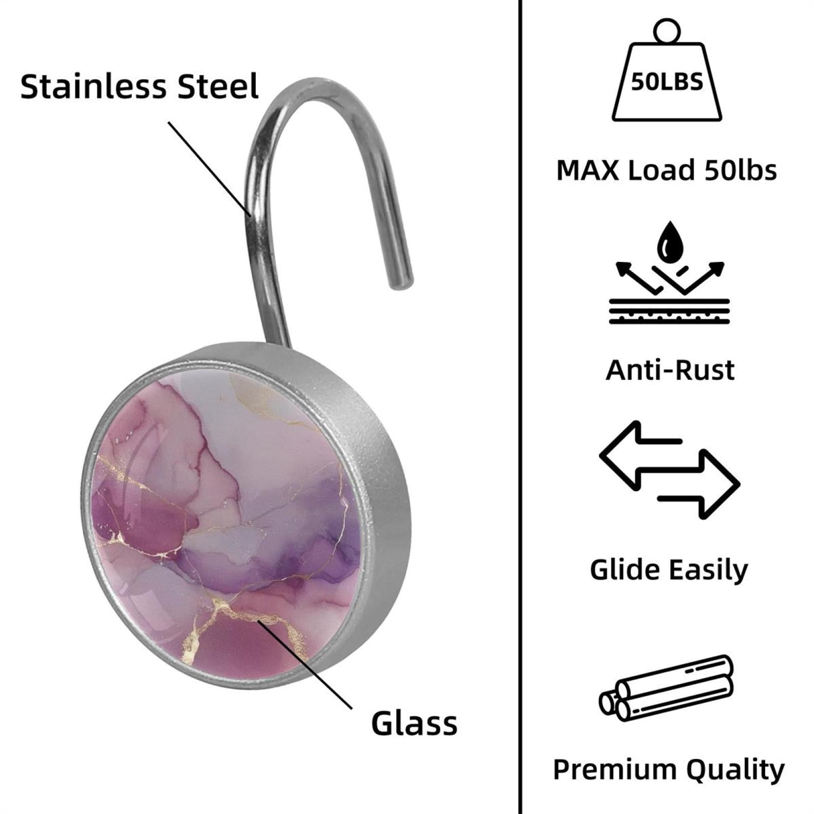 HemaKayy 12 Pcs Shower Curtain Hooks Bathroom Decorative Accessories Marble Pattern Pink Purple