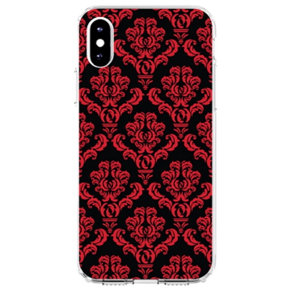 DistinctInk Clear Shockproof Hybrid Case for iPhone XR (6.1" Screen) - TPU Bumper, Acrylic Back, Tempered Glass Screen Protector - Black Red Damask Pattern - Floral Damask Pattern