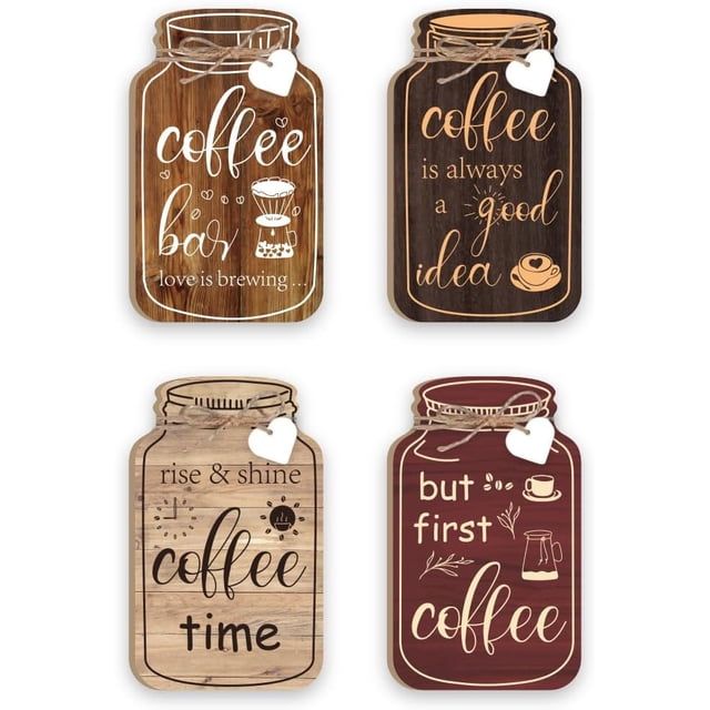 Juego de 4 tarros de cristal para decoración de pared de cocina y barra de café. Letrero de madera para colgar. "El café es una buena idea".