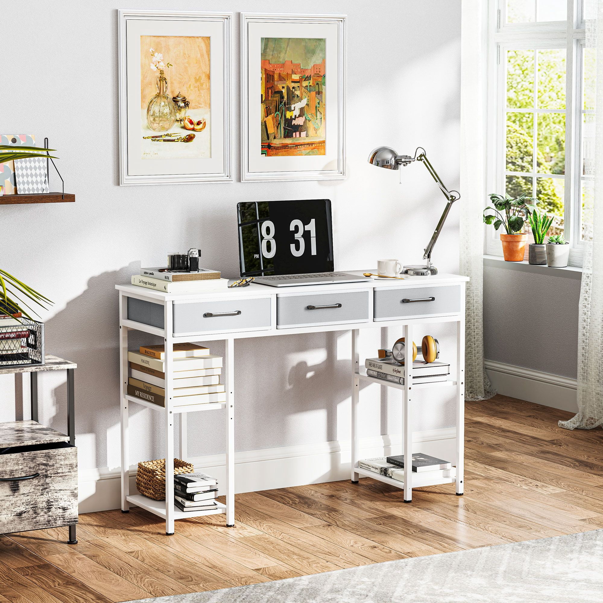 Washure White 47 Inch Small Writing Computer Desk, Fabric Drawers & Adjustable Storage Shelves for Home Office