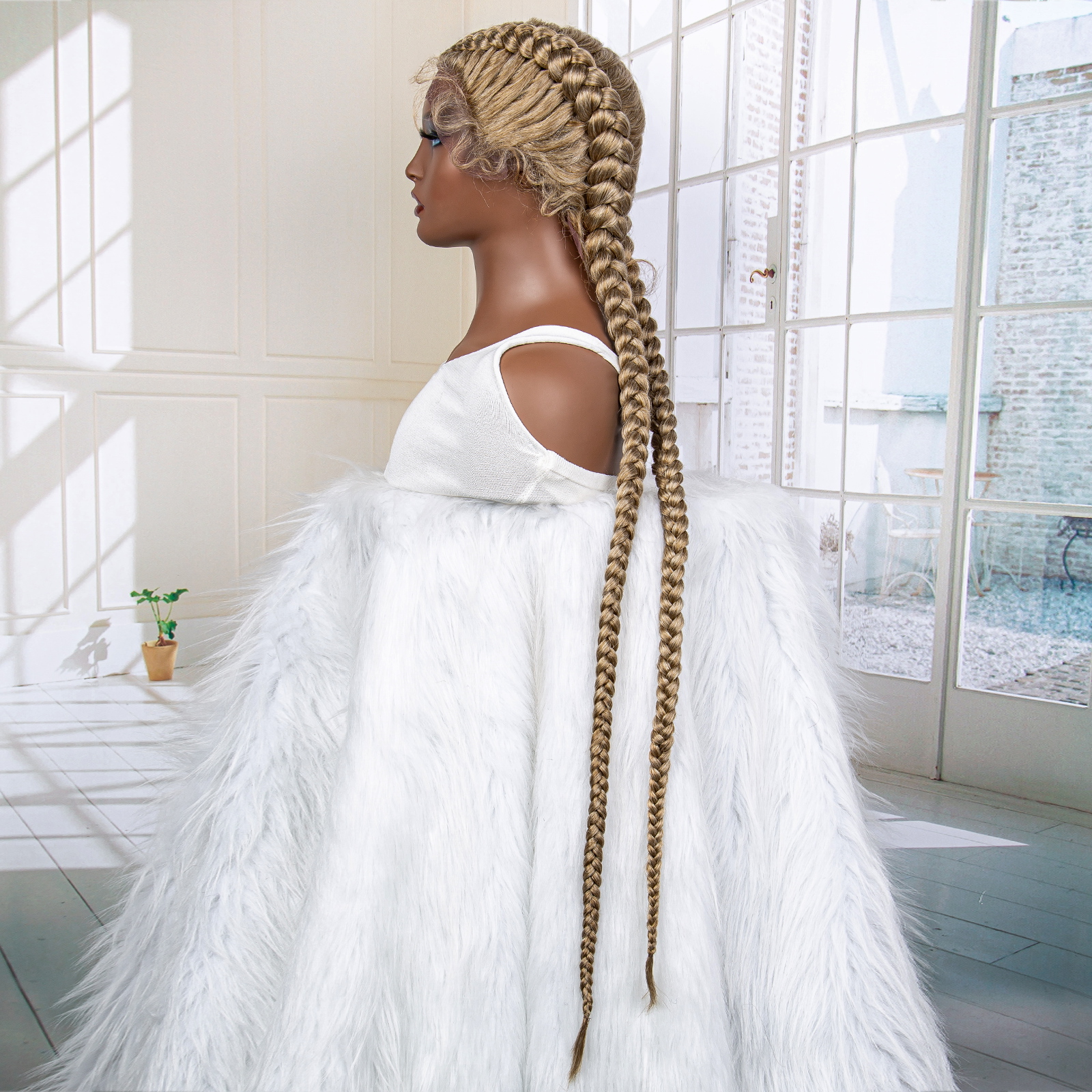 36 Inches Long Lace Front Synthetic Braided Wigs Lace Front Twins Cornrow Braided Wig for Black Women with Baby Hair Middle Part (27/613 Color)