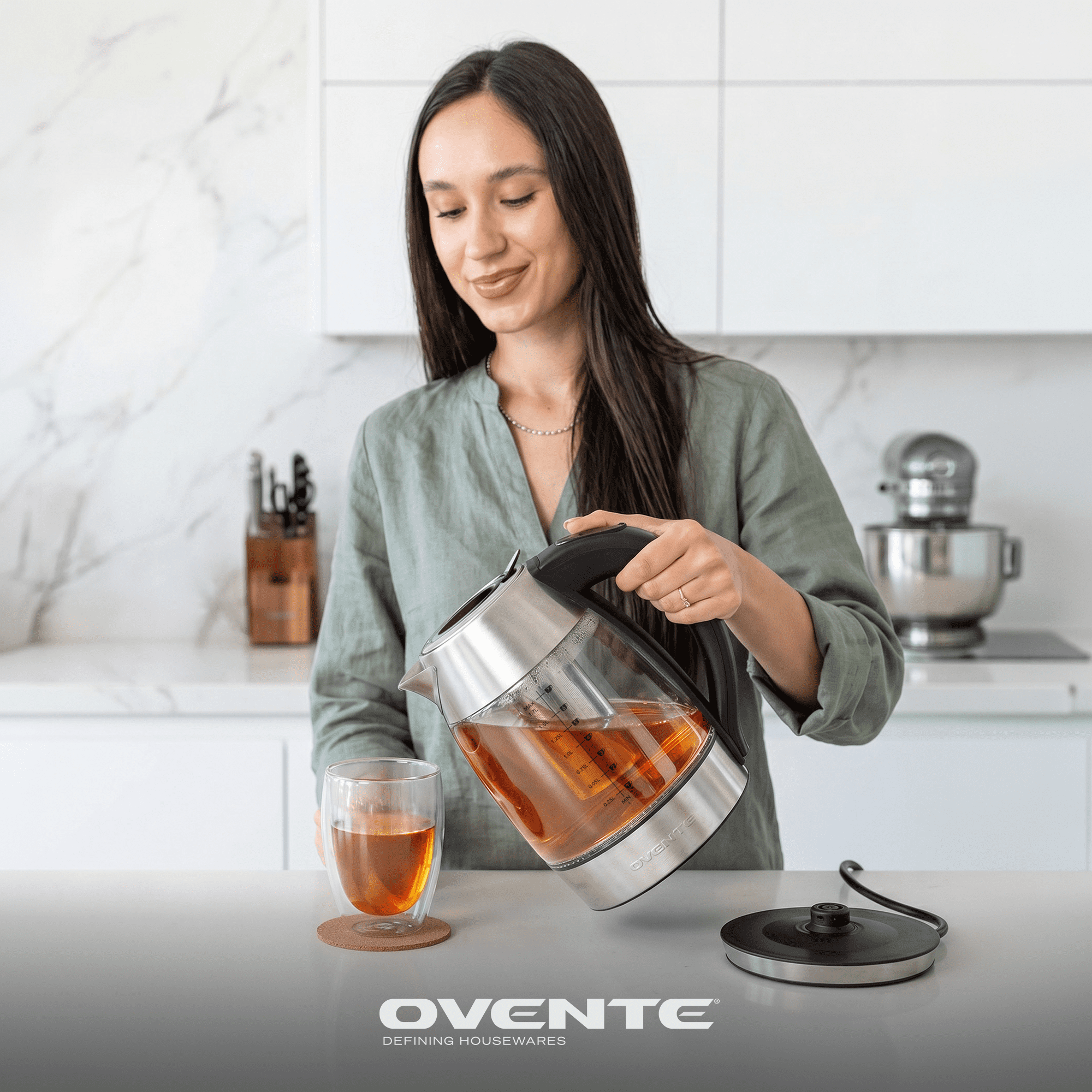 OVENTE 1.7L Glass Electric Kettle with Tea Infuser, Silver KD68S | 1500W Fast Boiling, Easy Fill Lid, 7 Temperature Control, Borosilicate Glass, Keep Warm, Auto Shut-Off, Boil-Dry Protection