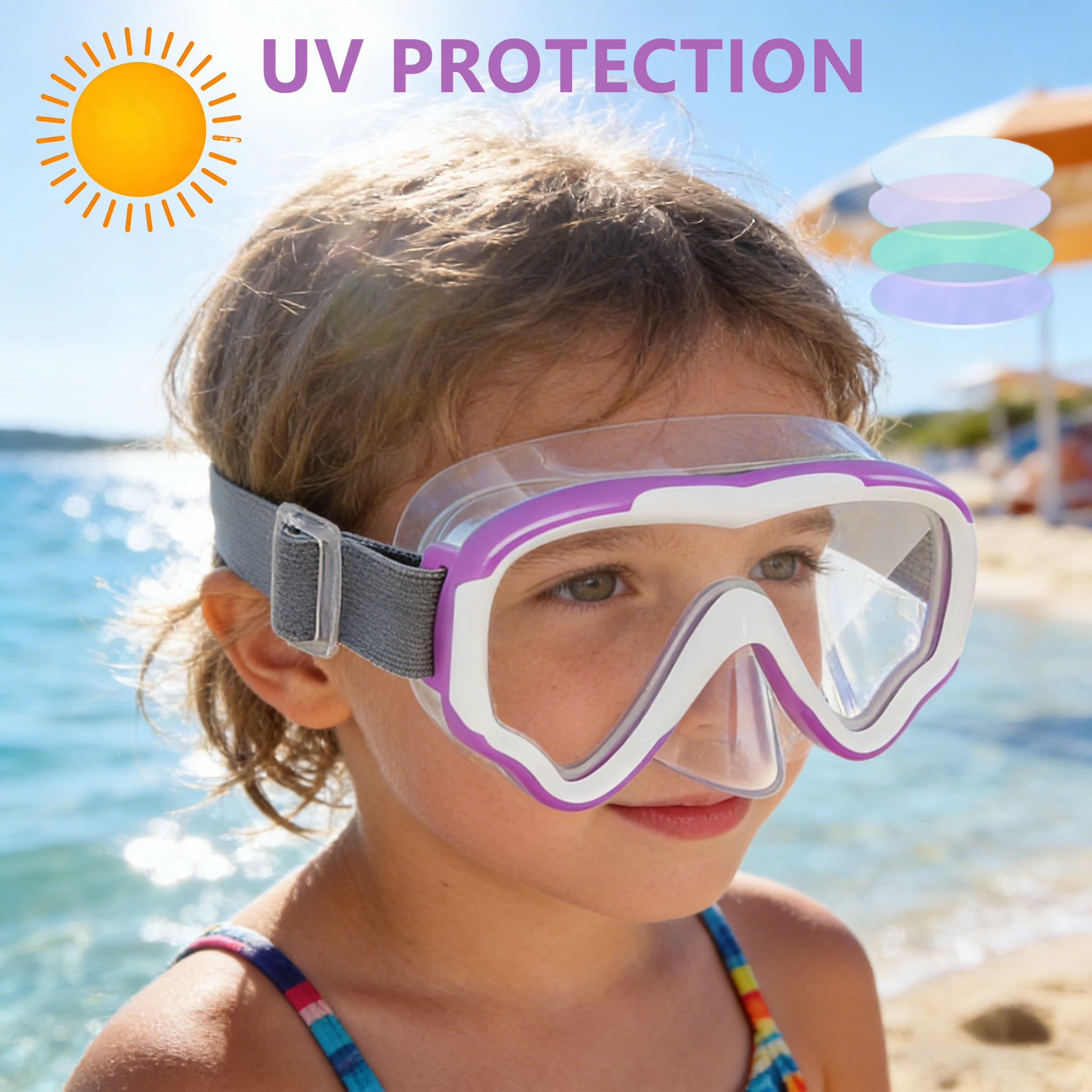 Kids Swim Goggles with Nose Cover, Diving Mask Elastic Fabric Strap Anti Fog Anti Shattered Lens Anti-scratch Anti-fog Swim Mask for Kid Children Swimming Goggles 3-14 Purple