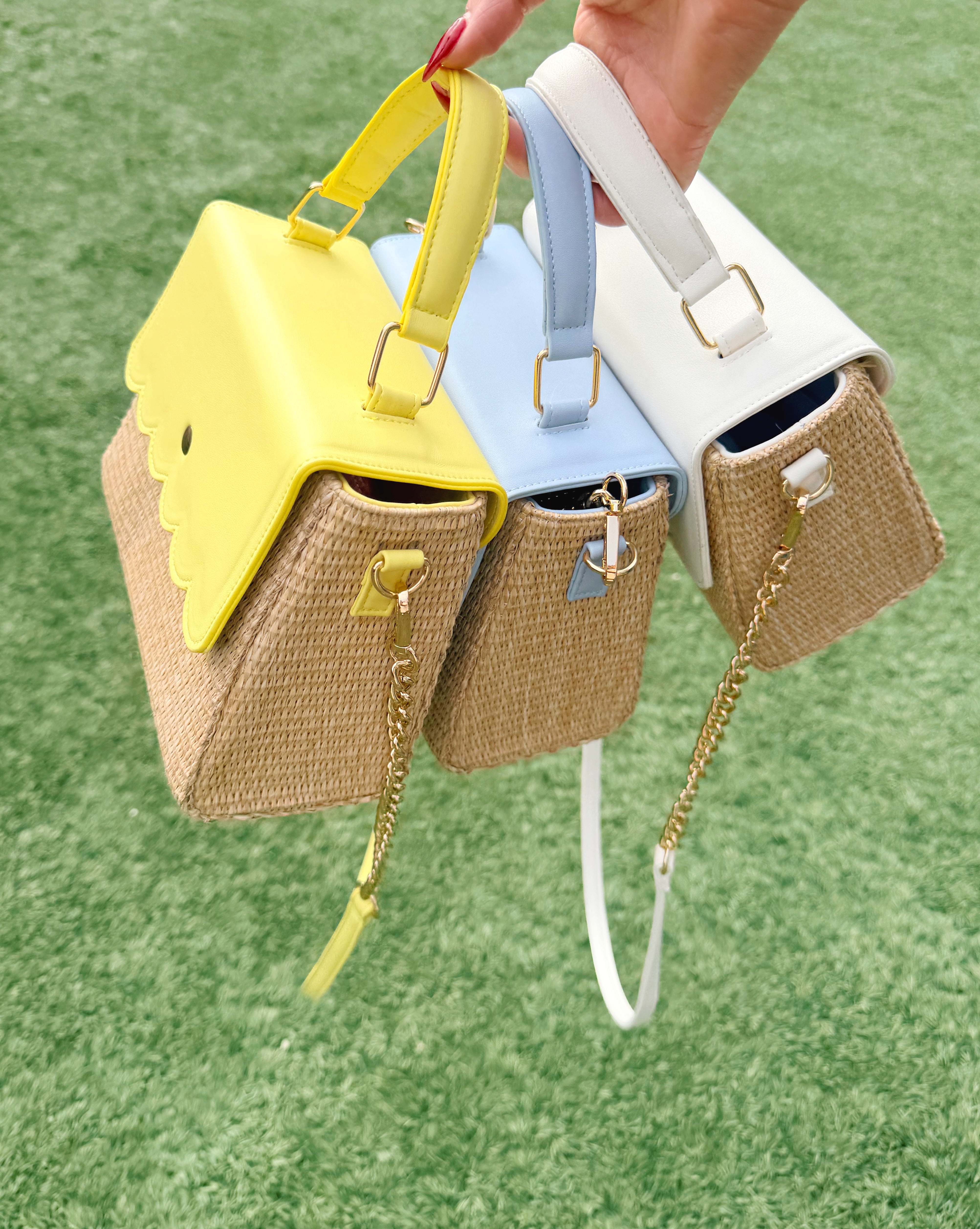 Packed Party Women's Woven Straw Crossbody Bag with Faux Leather Scallop and Chain Strap, Yellow