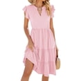 thumbnail image 4 of Women'S Summer Dress V Neck Short Sleeve Midi Sundress Flowy Tiered Beach Dresses with Pockets Pink M, 4 of 9