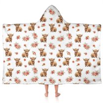 White Highland Cow Flower Pattern Hooded Bath Towel，50"x30" for Ages 3 To 12 Kids, Quick Dry Lightweight Soft Microfiber Hood Beach Towel Cover Up for Kids