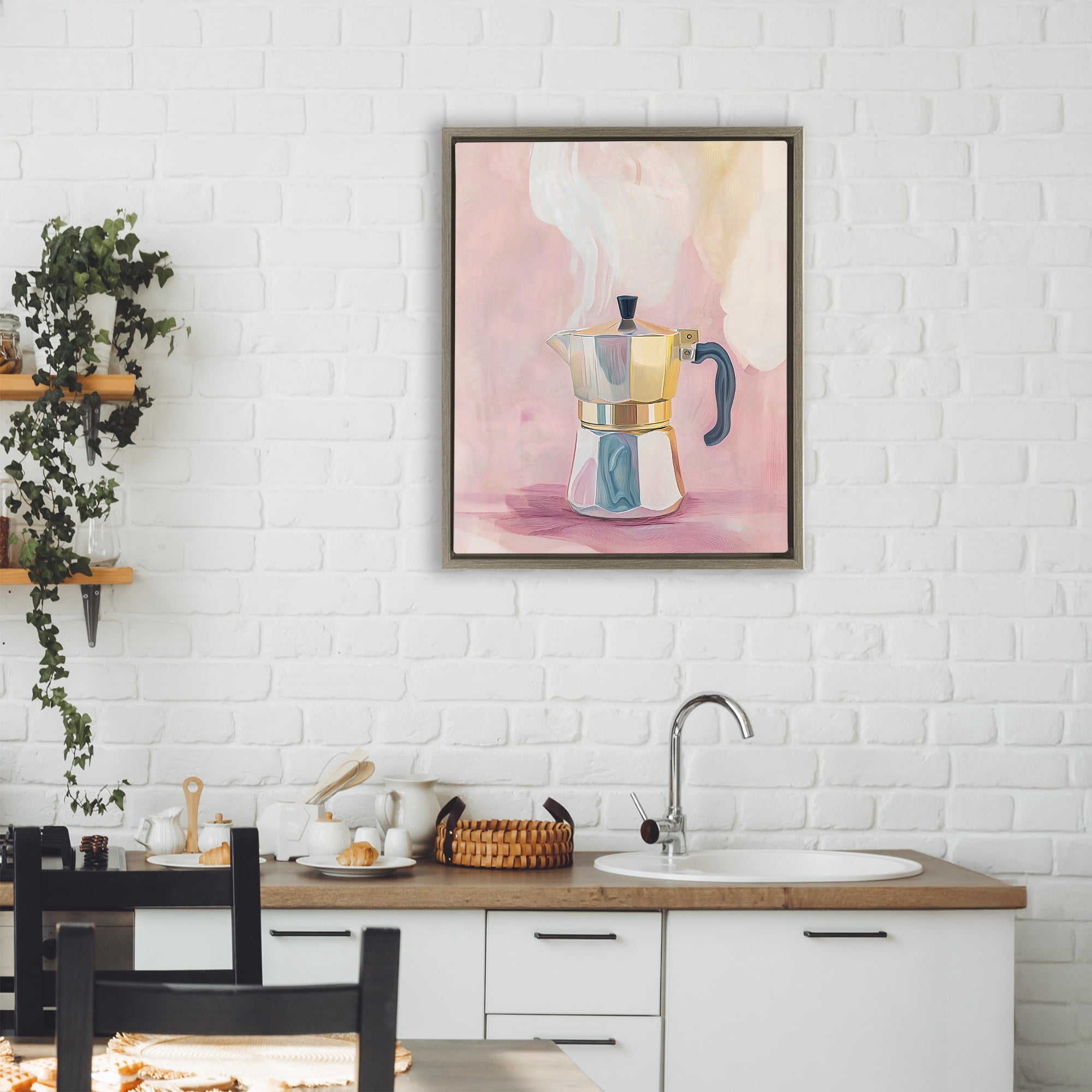 Stupell Industries Vintage Coffee Maker on Pink Brown Framed Floater Canvas Wall Art, design by The Prints Vibe