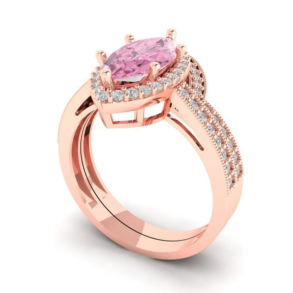 Clara Pucci 14K Rose Gold Marquise Cut 2Ct Simulated Pink Diamond Engagement Ring   Matching Band - Luxury Box Included