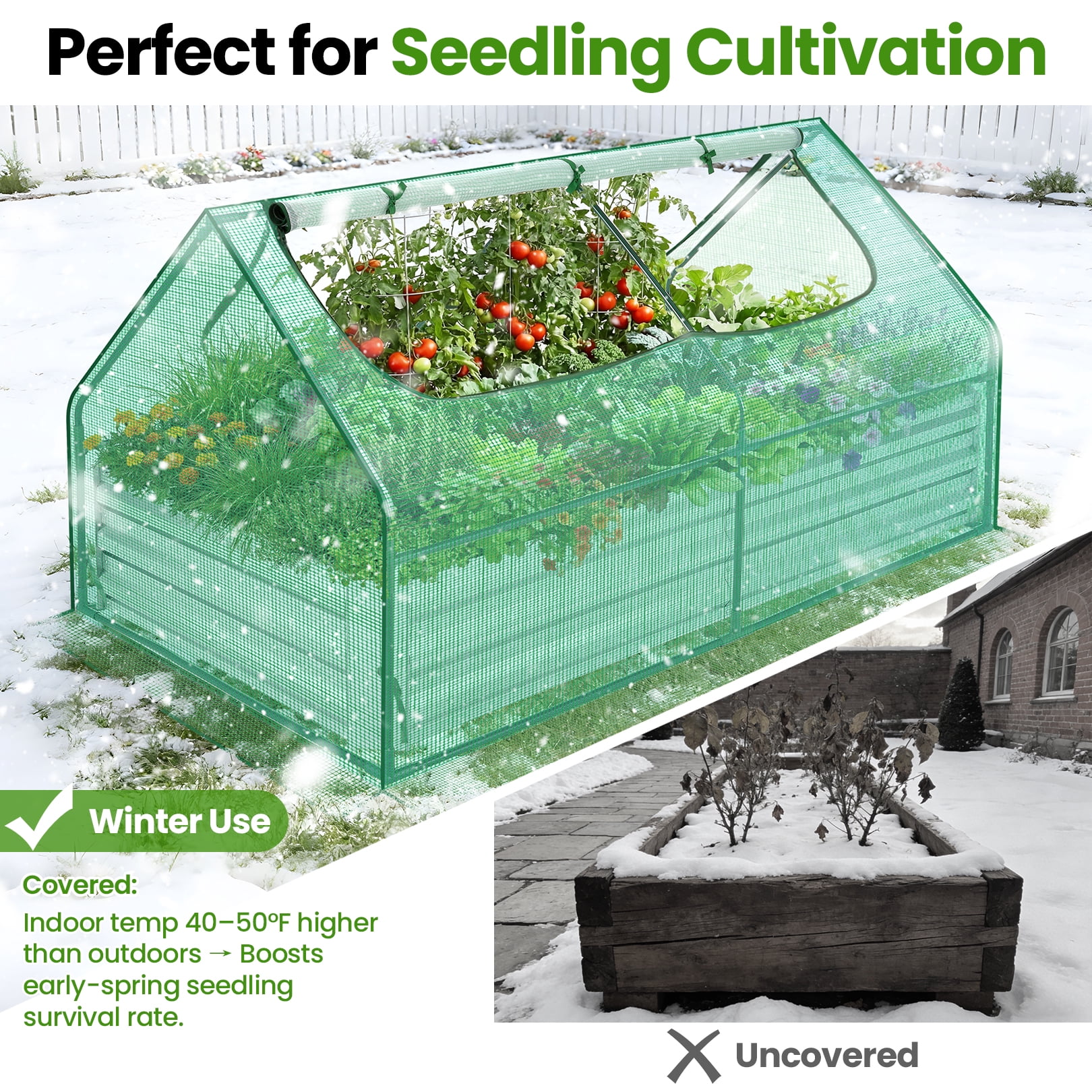 Funcid Galvanized Raised Garden Bed with Cover, Outdoor Metal Planter Box 2 Roll-up Windows Mini Greenhouse for Growing Flowers Fruits Vegetables and Herbs, 6x3x3ft(Green)