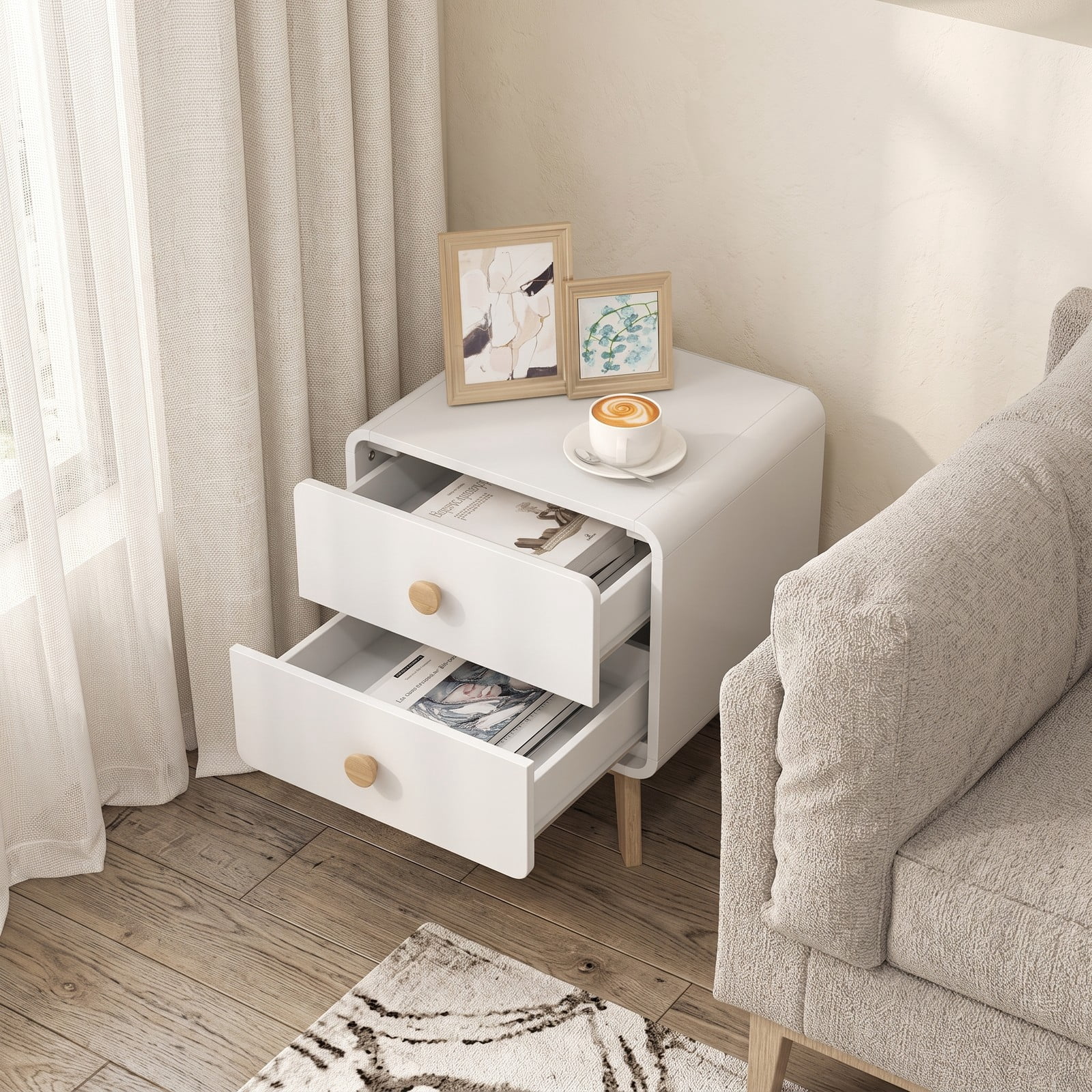 Furnibear Nightstand Set of 2 with 2 Drawers Each and Solid Rubber Wood Legs, Mid-century Bedside Tables for Bedroom, White