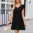 thumbnail image 1 of Robes d'Été Tempérament d'Été Doux V-Cou Bulle Manches Couleur Unie Confortable Robe de Mode Robe Courte Noir L, 1 of 4