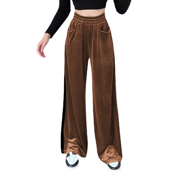 Pantalones casuales ajustados de gamuza con cintura alta de color sólido y drapeado a juego, pantalones anchos y sueltos para mujer