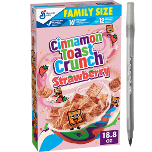 General Mills Cinnamon Toast Crunch Strawberry Family Size Cereal with pan
