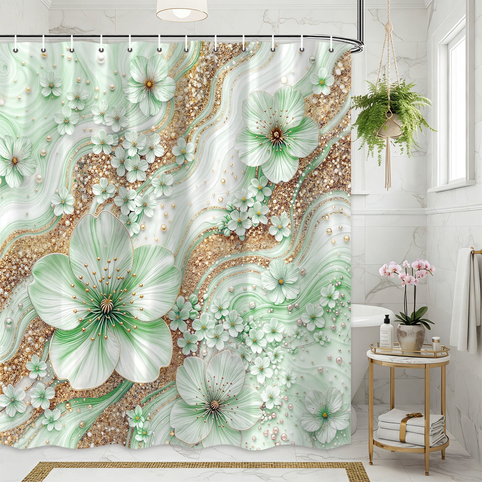 Green Luxury Light Floral Shower Curtain, Elegant Boho Bathroom Decor, Cherry Blossom with Gold Glitter Marble Texture, Waterproof Washable Fabric Shower Curtain Set with Hooks,70X85in
