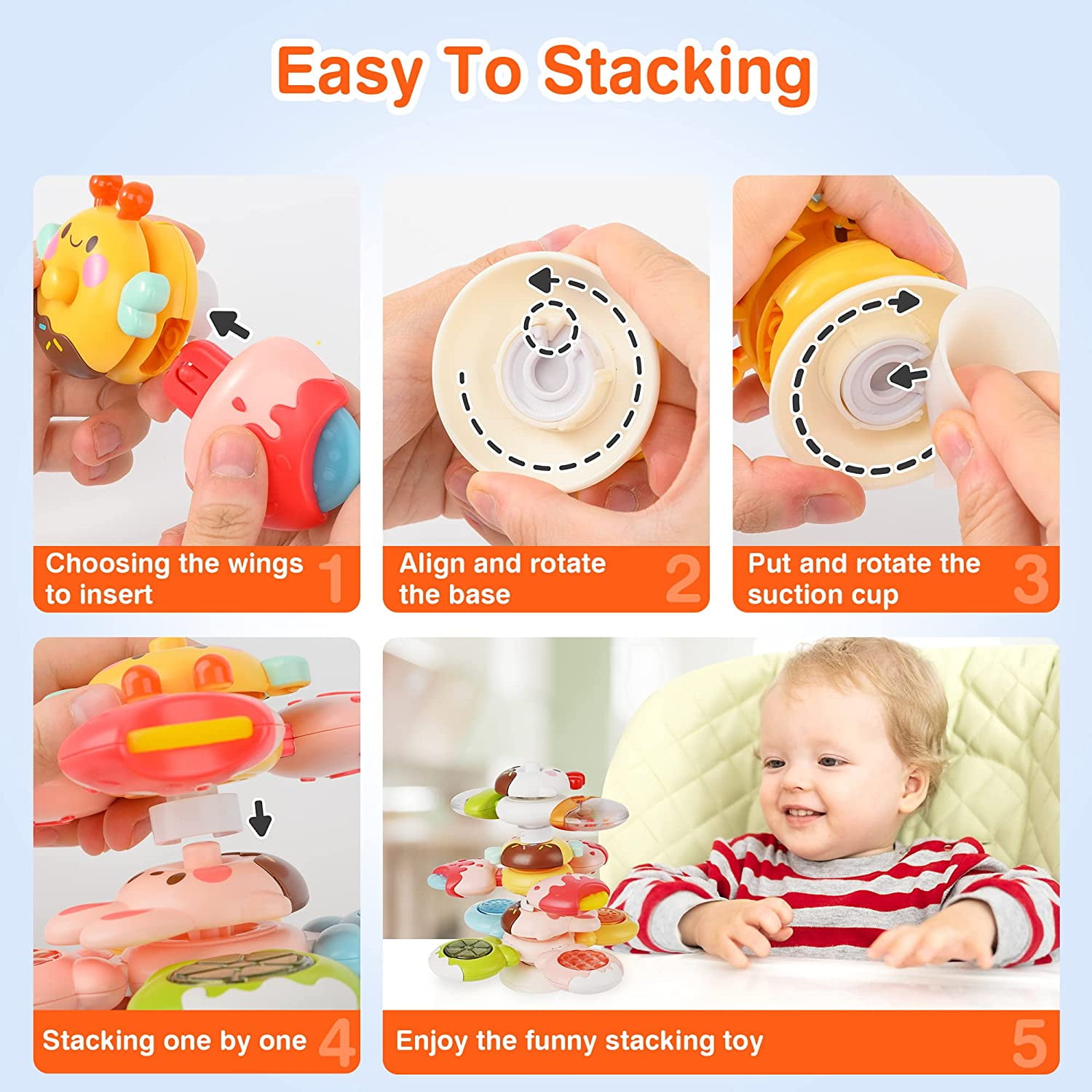 HINZER 3-in-1 High Chair Toys with Suction Cup Spinner Toy for Baby Toys 6 to 12-18 Months Infant Bath Toys for Toddlers 1-3 Spinning Suction Tray