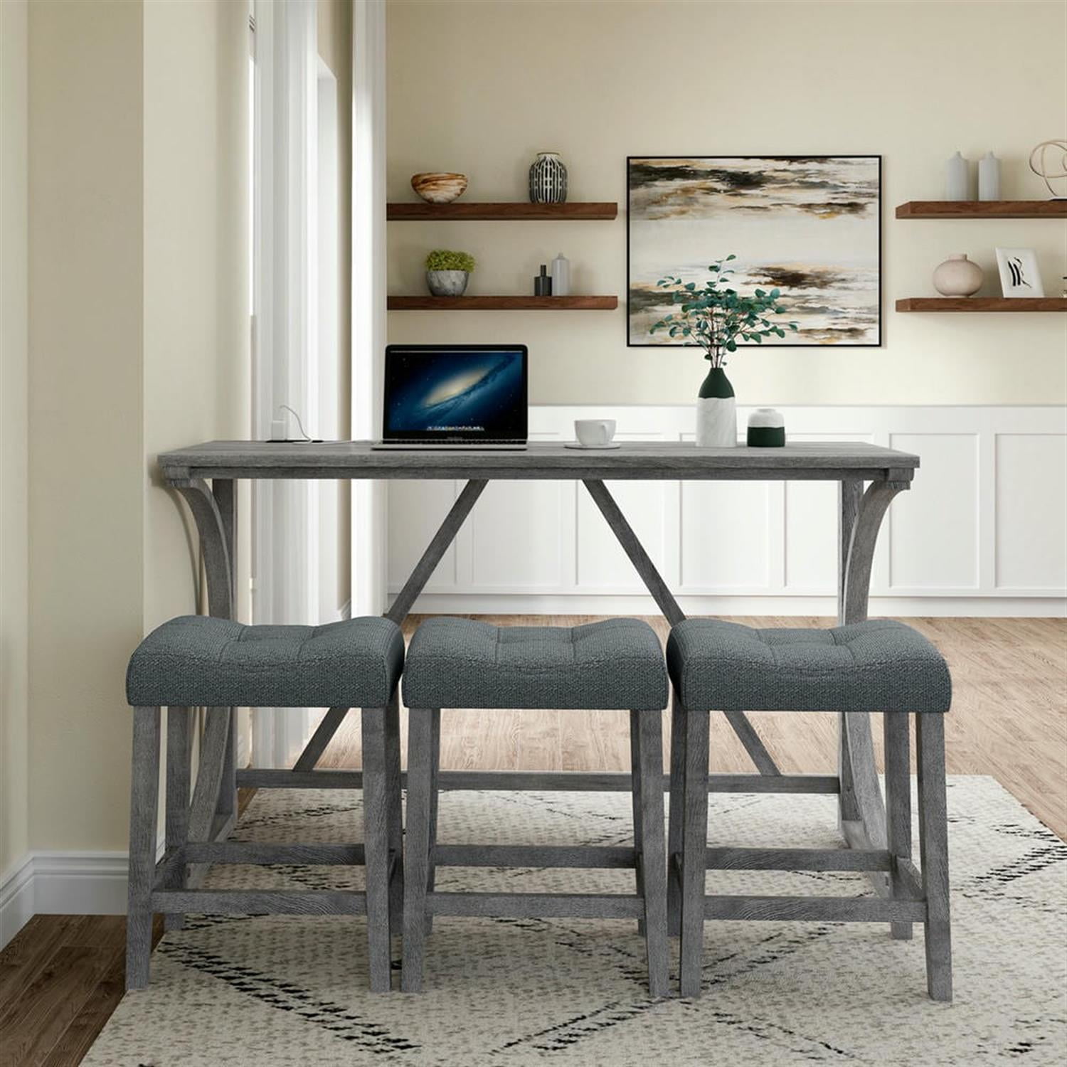 Demi Bonn 4-Piece Dining Table Set with 3 Upholstered Bar Stool and Power Outlets,dustrial Kitchen Bar Table Furniture Sets for Living Room, Apartment, Gray