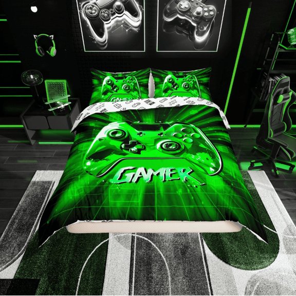 Erosebridal Green Gamer Comforter Cover Twin,Geometric Buffalo Bedding Twin Size,Video Game Duvet Cover Twin,Microfiber Gamepads Bedroom Decorative,Reversible,2-Piece(No Comforter)