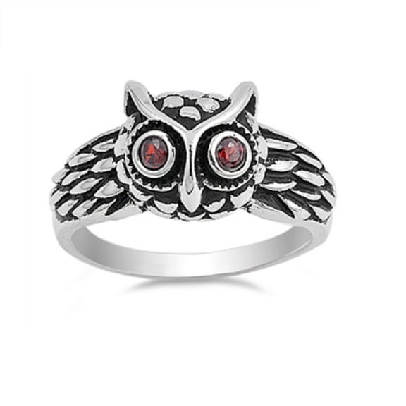 Cute Owl Simulated Garnet Cubic Zirconia Designer Ring Sterling Silver 925