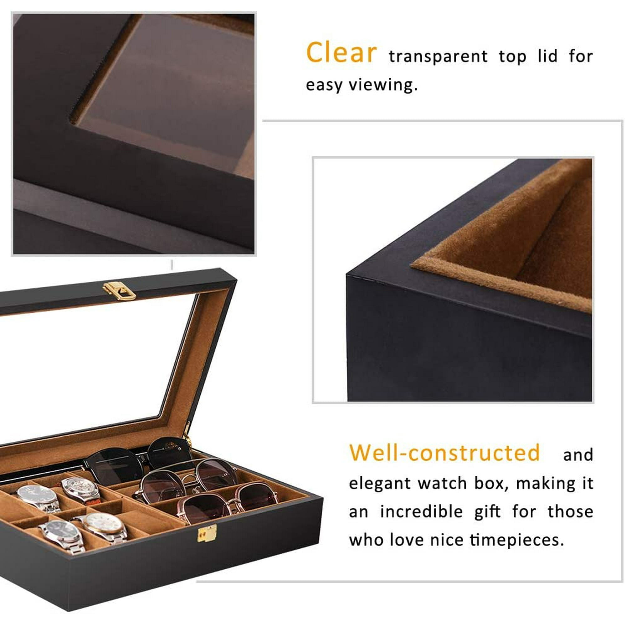 Baskiss 6 Slots Watch Box and 3 Slots Eyewear Sunglass Storage Box Solid Wood Watch Display Storage Case Walmart