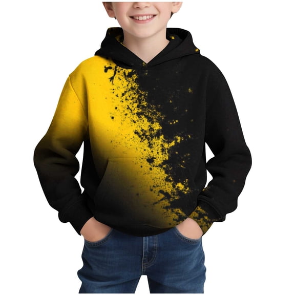 Hooded Sweatshirts For Boys Long Sleeve Print Pullover Tops Stylish Loose Casual Hoodies With Kanga Pocket (13-14 Years, Yellow)