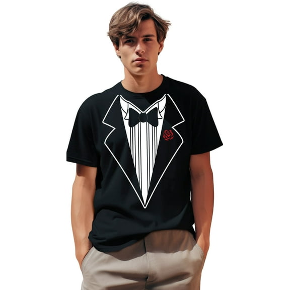 Men's Funny Tuxedo T-Shirt Black Black W Red Rose, Medium