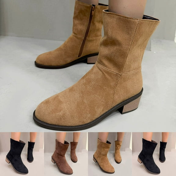 Suede Ankle Boots Side Zipper Block Heel Fashionable Casual Fall Winter Short Boots Comfortable Versatile Stylish Walking Footwear