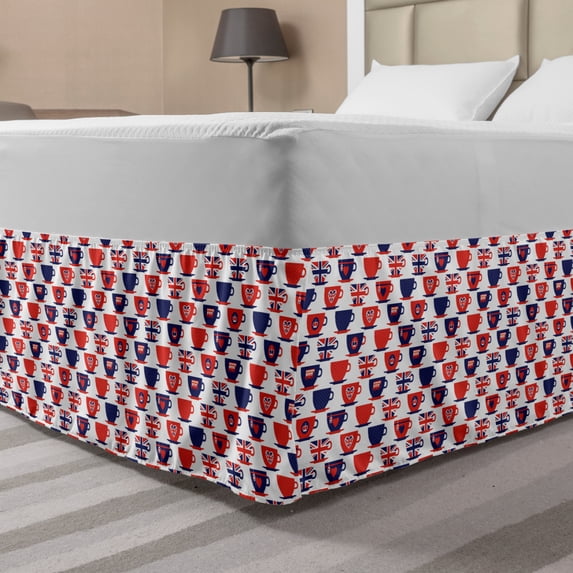 London Bed Skirt, Tea Party Theme Flag Pattern Cups Traditional Drink Independence Day, Elastic Bedskirt Dust Ruffle Wrap Around for Bedding Decor, 4 Sizes, Vermilion Navy Blue, by Ambesonne