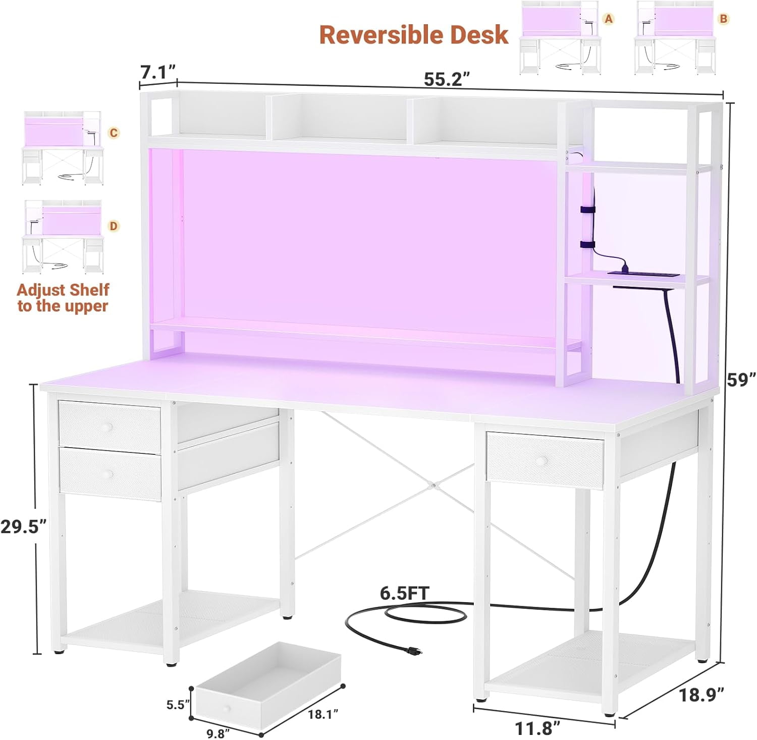 Homieasy Desk with Hutch & Power Outlets, 55.2'' Computer Gaming Desk with LED Lights and Drawers, Reversible Office Desk with Storage Shelves, Workstation Desk for Home & Office, White