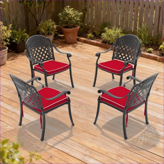 Outdoor Dining Chairs | 4Pc Traditional Cast Aluminum Patio Chairs for Backyard, Black Frame, Burgundy Red Cushions | Black | Aluminium