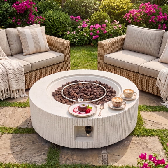 FOROUTIA 41'' Outdoor Propane Fire Pit Table, 50,000 BTU MgO Concrete Look Gas Fire Pit with Lava Rocks & Rain Cover for Patio Backyard, White