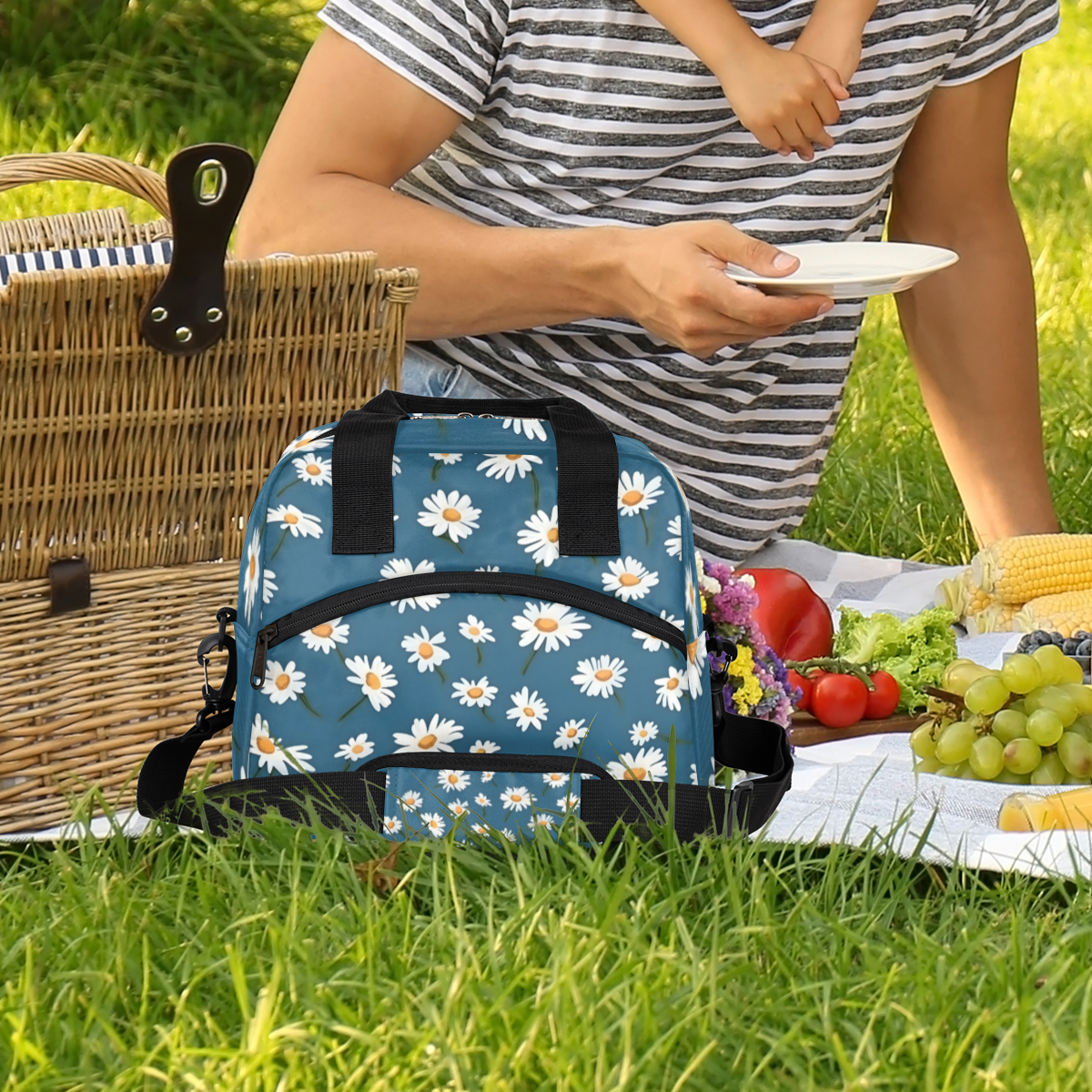 Herdesigns Daisy Flower Insulated Lunch Bag for Women Men Adults Large Reusable Lunch Box Floral Leakproof Cooler Tote Bags with Adjustable Shoulder Strap