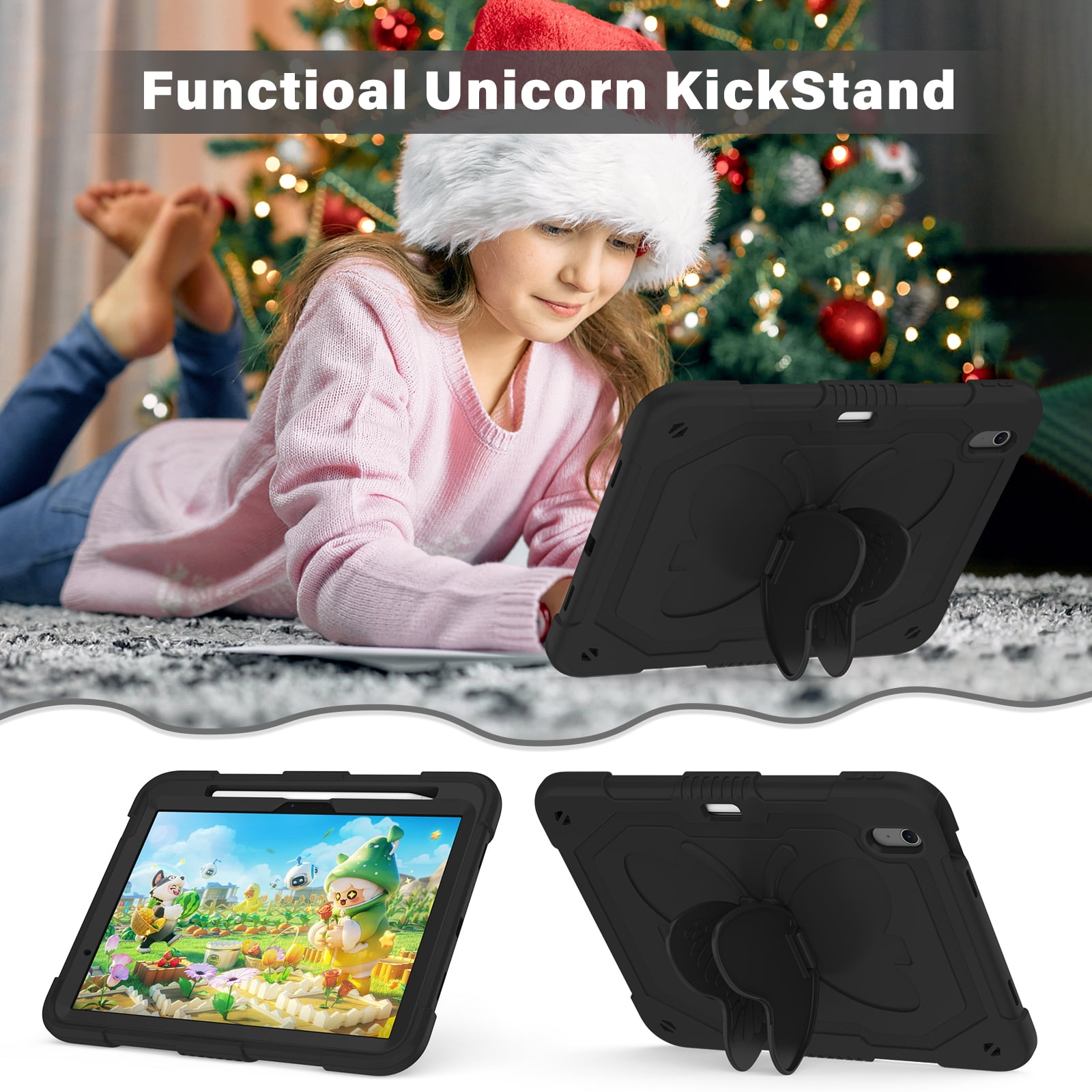For iPad Air 11 M4 M3 M2 2026 2025 2024 Case, Cute Butterfly Design Heavy Duty Shockproof Shoulder Strap Pencil Holder Kickstand Bumper Kids Friendly Rugged Case for Apple iPad Air 11", Black