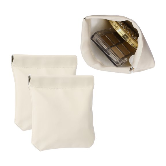 2Pcs Squeeze Coin Purse Pouch, Small Leather Change Purse Self Closing Portable Mini Makeup Bag for Women Men Car Change Travel, Beige