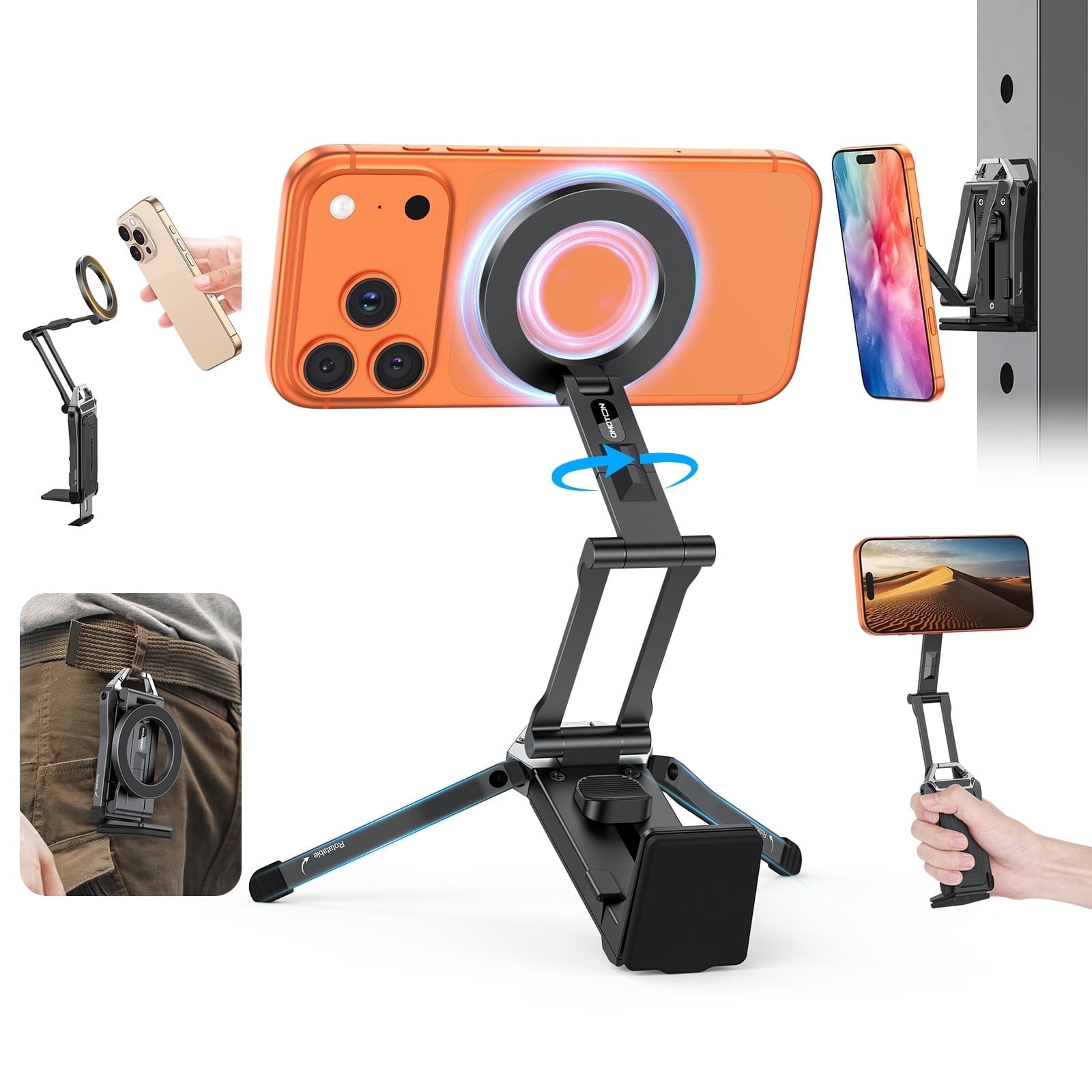 OMOTON 360° Rotating Magnetic Phone Tripod for MagSafe, Adjustable Aluminum Foldable Stand, Compatible with iPhone 17/16/15/14 Pro Max, Ideal for Vlog, Gym & Travel