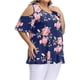 thumbnail image 4 of Camisa de mujer Blusa de manga corta con hombros descubiertos y estampado floral, azul, 5XL Inevent AP002473-25, 4 of 6