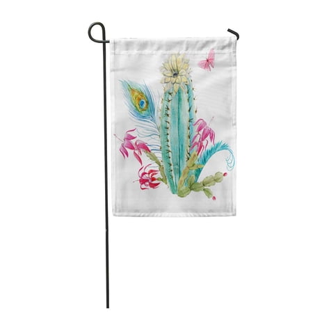 KDAGR Watercolor Blooming Cactus Peacock Feathers Pink Flying Butterfly Flowering Garden Flag Decorative Flag House Banner 12x18 inch
