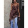 thumbnail image 3 of Brown Satin Lace-Trimmed Asymmetrical Cami Mini Dress With Spaghetti Straps V-Neck Sleeveless Backless Loungewear, 3 of 5