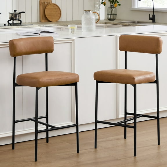 Zesthouse 26" Counter Height Bar Stools Set of 2, Upholstered Faux Leather Barstools with Back and Metal Frame, Modern Armless Bar Chairs for Kitchen Island, Brown