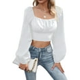 thumbnail image 2 of Women'S Ruched Wrap Square Neck Flounce Long Sleeve Crop Top Blouse White M, 2 of 9