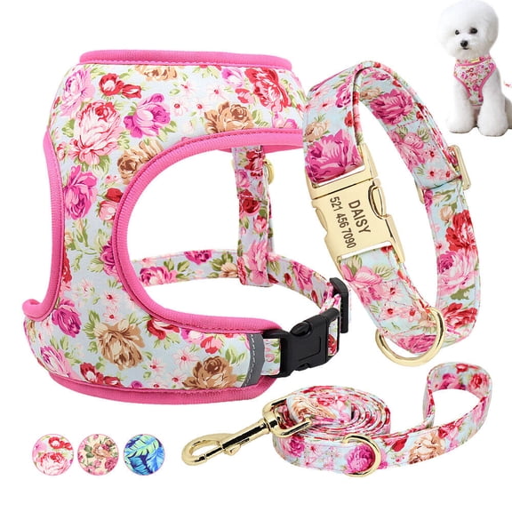 Pet Artist Floral Dog Harness Collar and Leash set With Custom Personalized Metal Buckle ID Nameplate