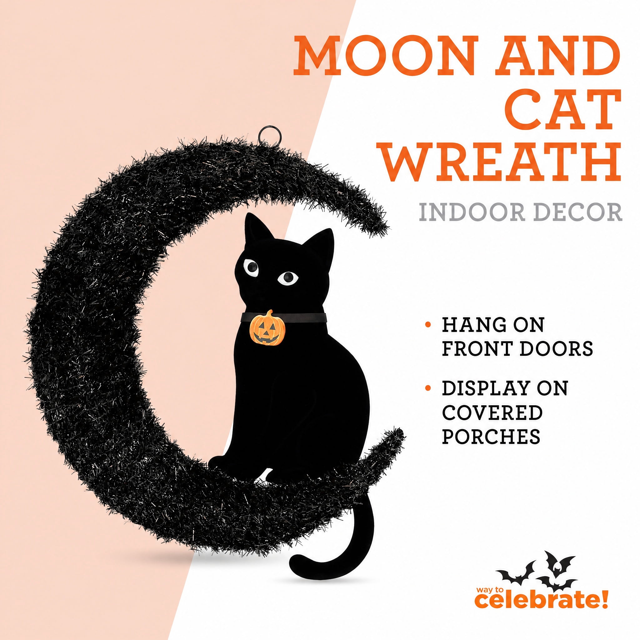 Moon and Cat Wreath, Black, 20" x 24", Halloween by Way To Celebrate