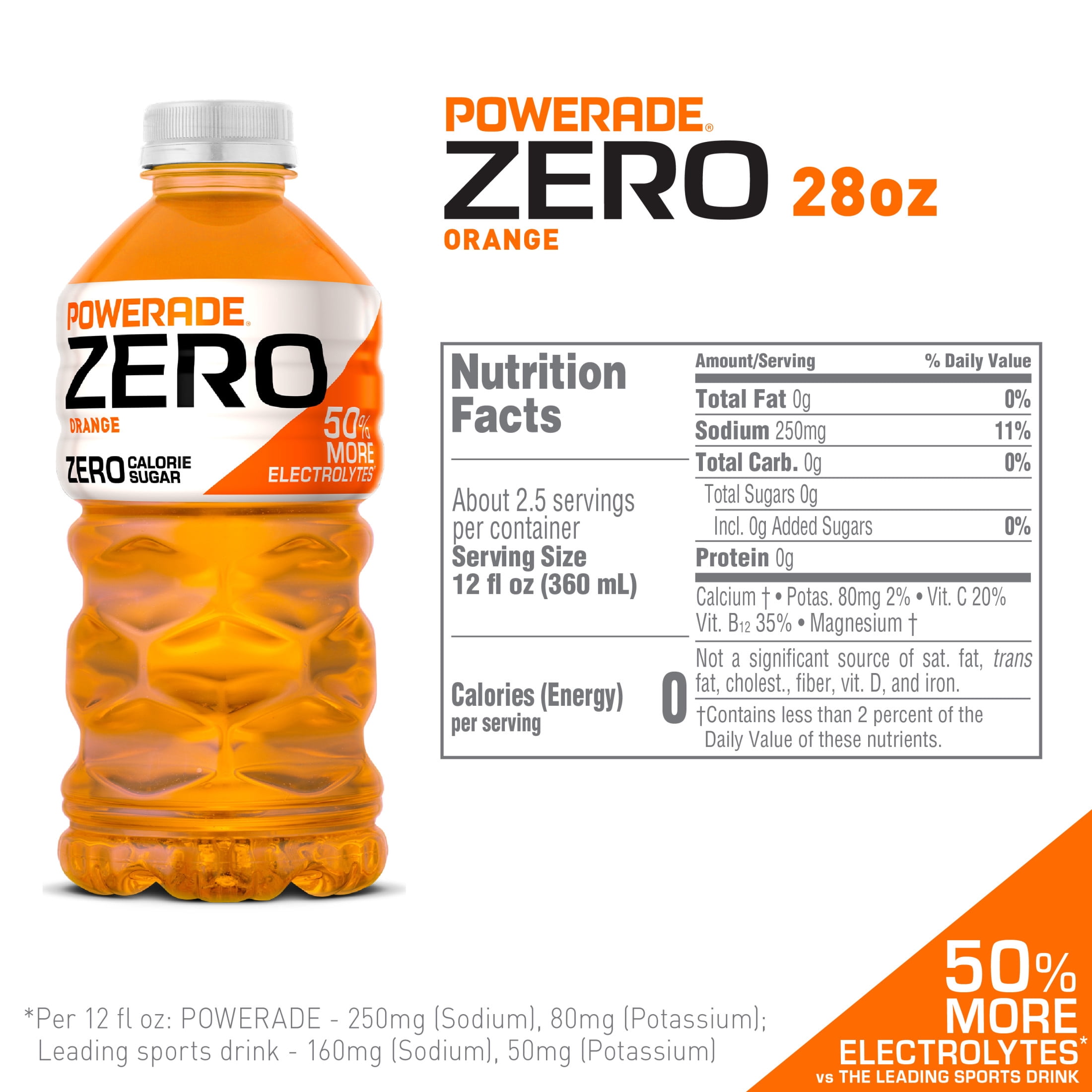 POWERADE Zero Sugar Orange Electrolyte Sports Drink Bottle, 28 fl oz