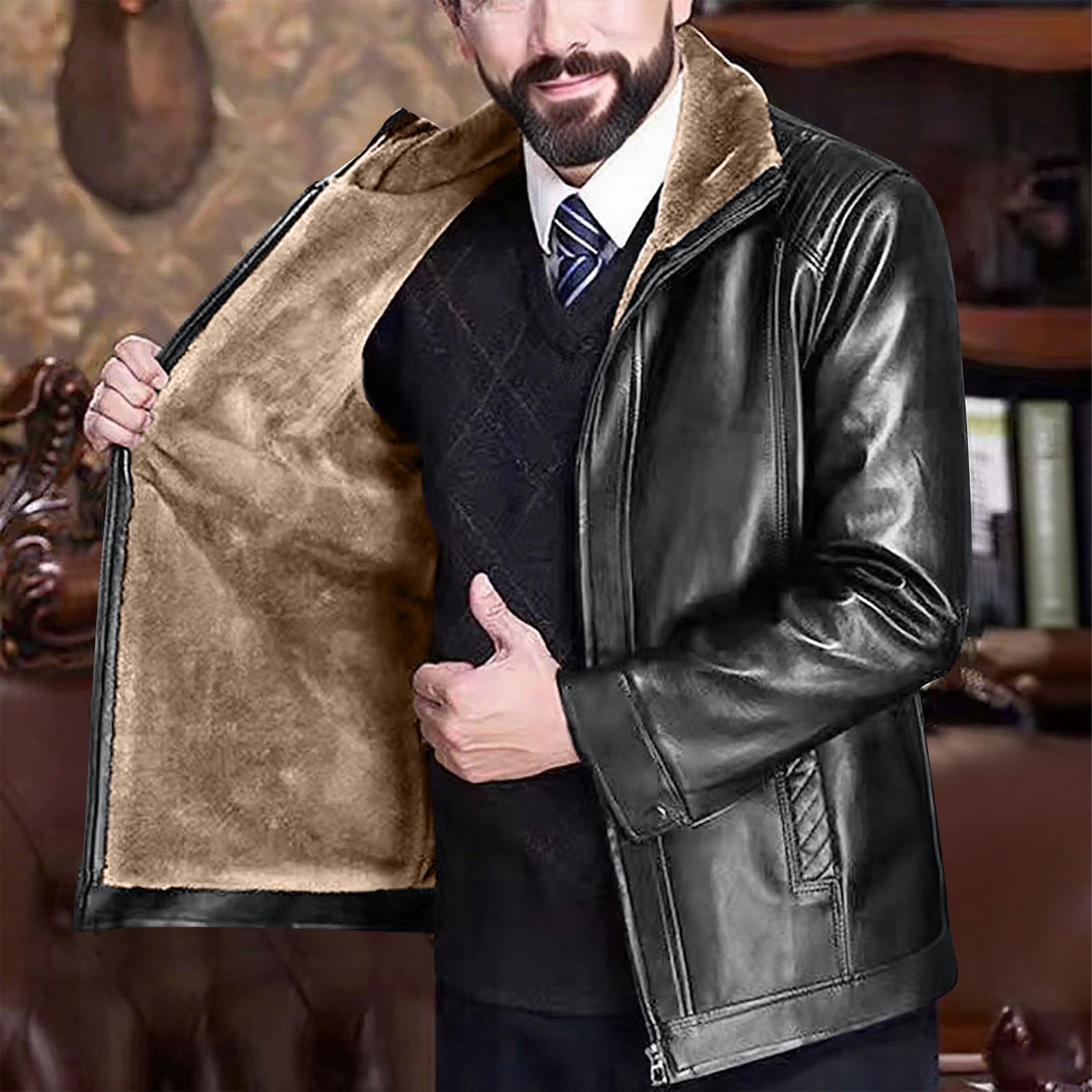 LWITHSZG Faux Leather Jacket Men Motorcycle Trendy Winter Coats Long Sleeve Going Out Tops Thickened Warm Fleece Lined Casual Outerwear with Pockets