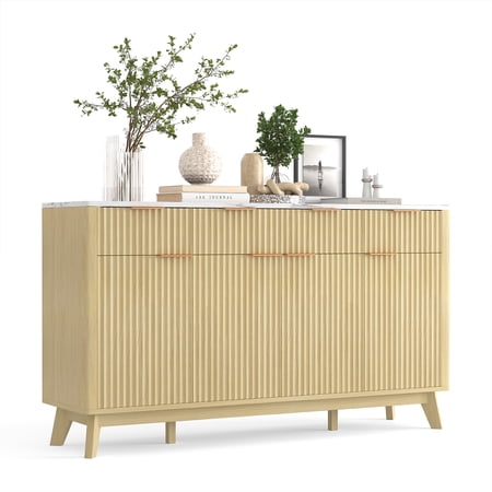 60 Farmhouse Sideboard Buffet Cabinet with 3 Drawers & 4 Doors Fluted Coffee Bar Station Oak