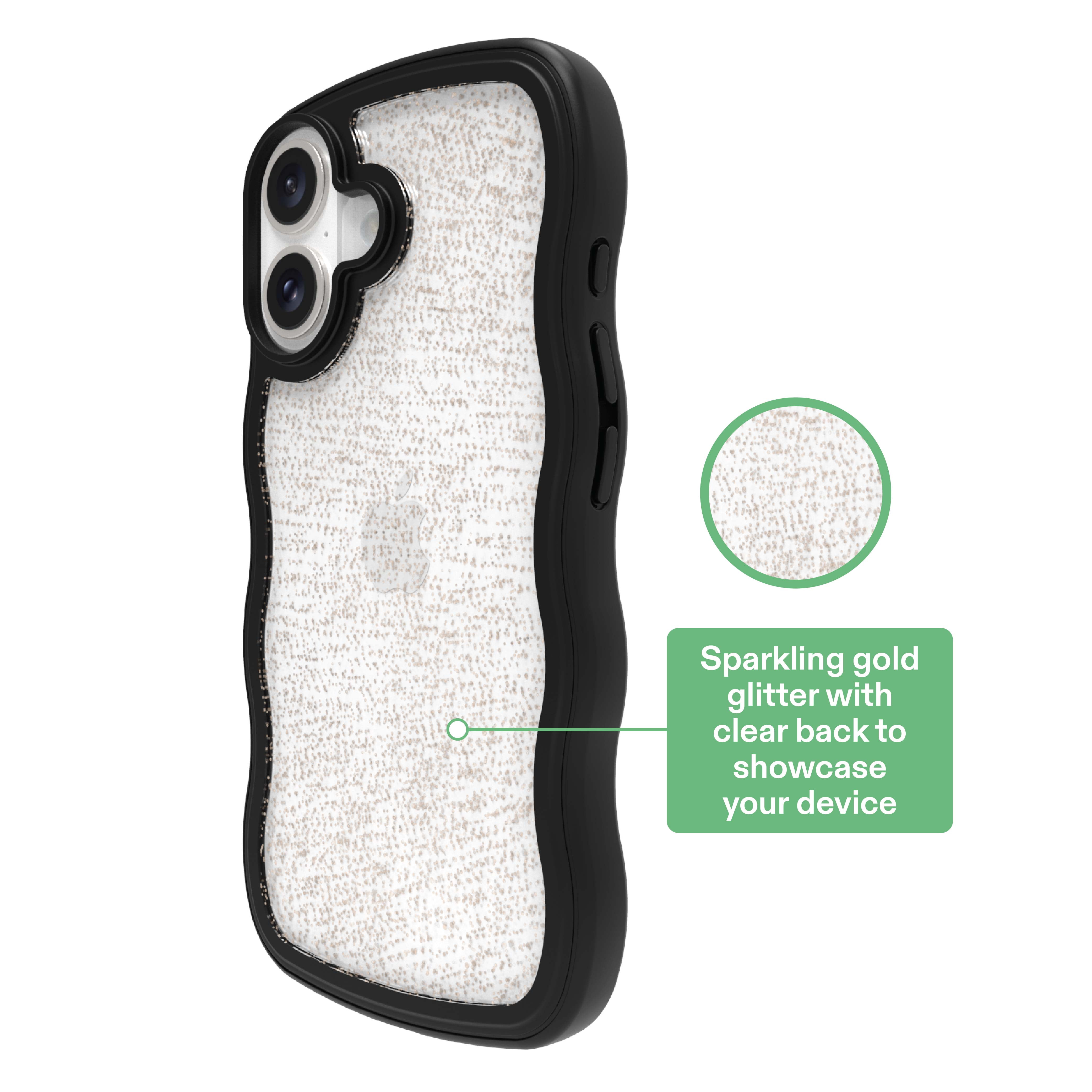 onn Wavy Grip Phone Case for iPhone 16 - Black/Gold Glitter